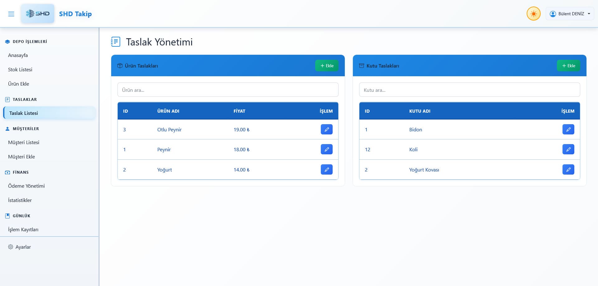 SHD Takip Sistemi taslak yönetimi ekranı