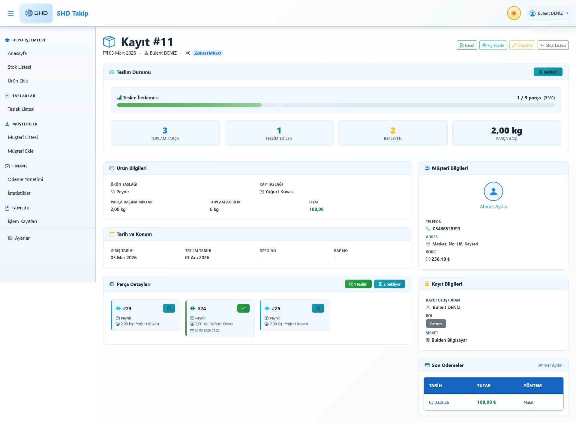 SHD Takip Sistemi ürün detayı ekranı