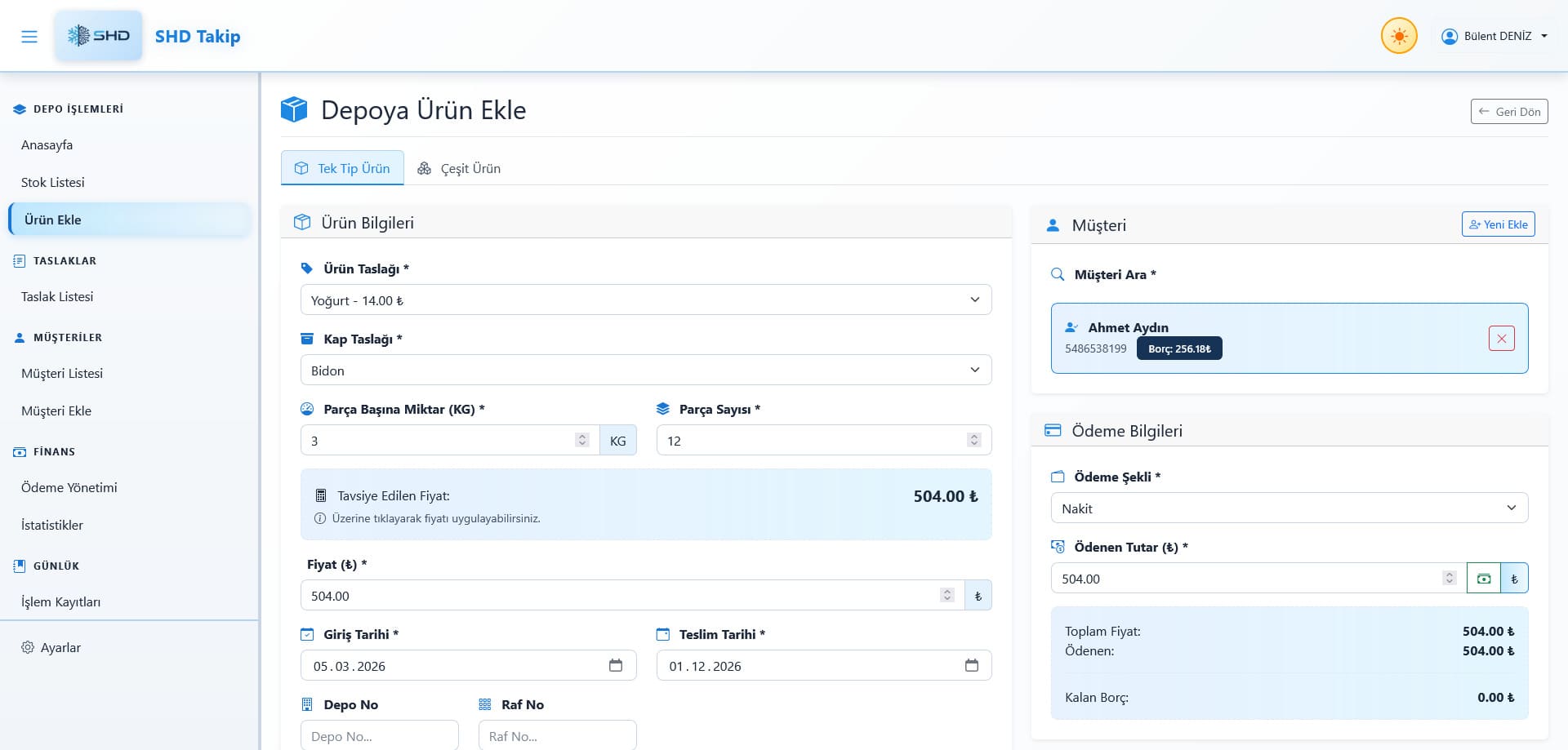 SHD Takip Sistemi ürün ekleme ekranı